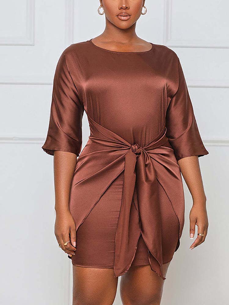 3/4 Sleeve Tie Front Satin Dress