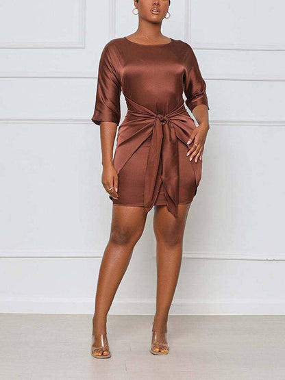 3/4 Sleeve Tie Front Satin Dress