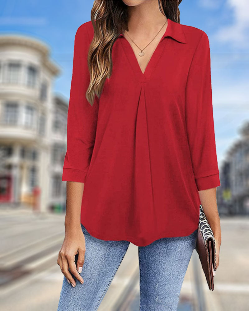 V-neck Top Solid Color Loose-Fitting Large Size Shirt