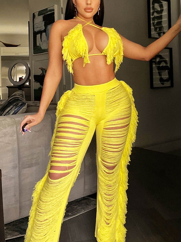 Fringe Trim Halter Crop Top & Pants Set