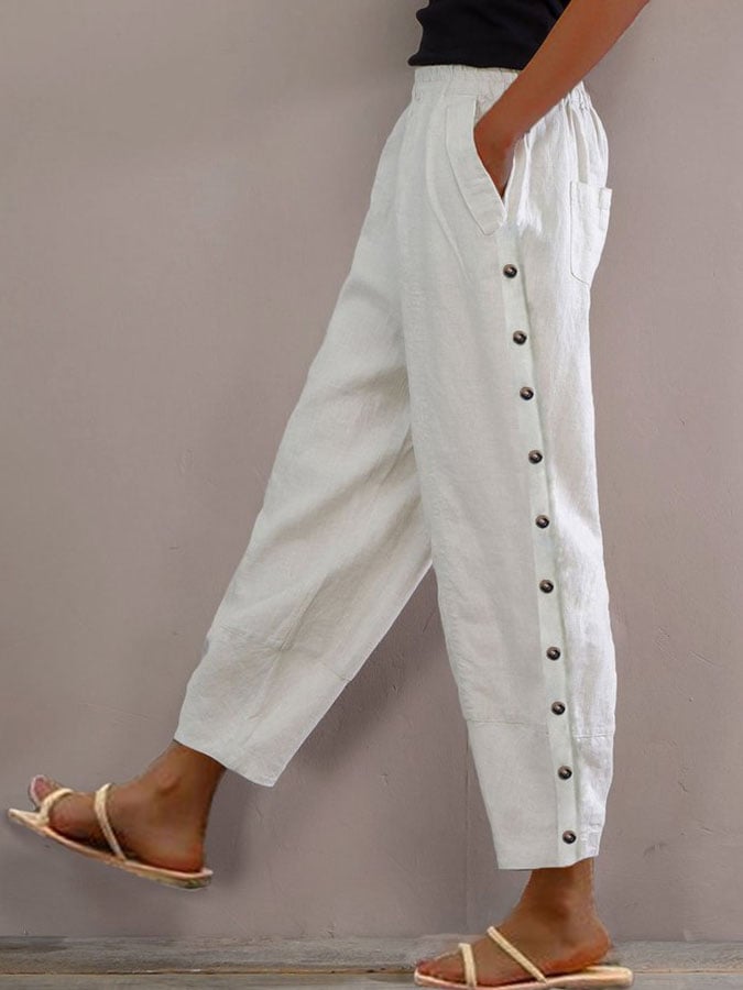 Women's Casual Cotton Linen Button Pocket Trousers