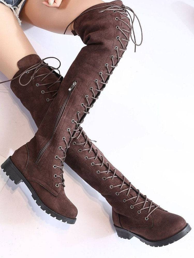 Lace Up Flat Suede Boots