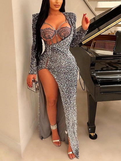 Women's Sequin Slit Dress With Lingerie