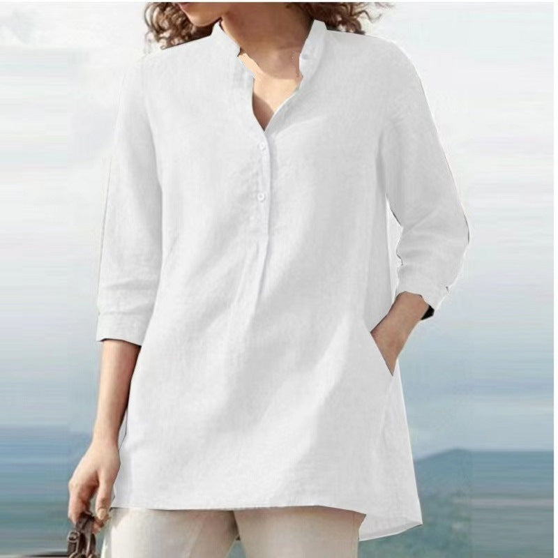 Three-Quarter Sleeve Stand Collar Cotton and Linen Shirt