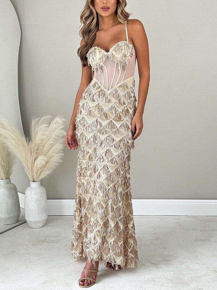 Women's Sequin Fringed Gown Maxi Dress