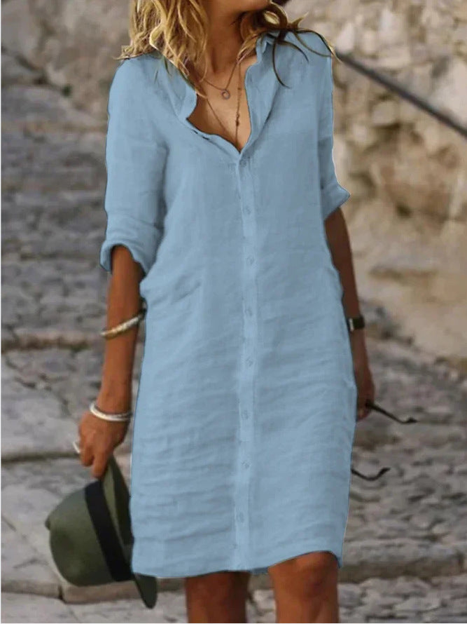 Loose Lapels Button Half Sleeve Solid Color Cotton and Linen Shirt Dress