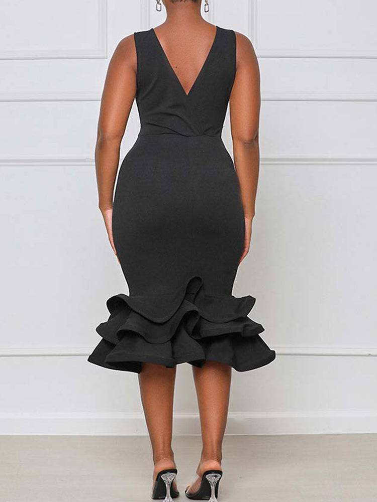 Women's Ruffled Trim Bodycon Midi Dress