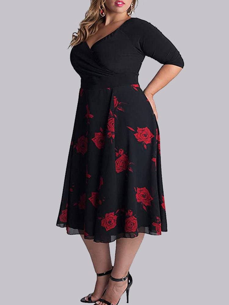 Women's Rose Floral Print Surplice Dress