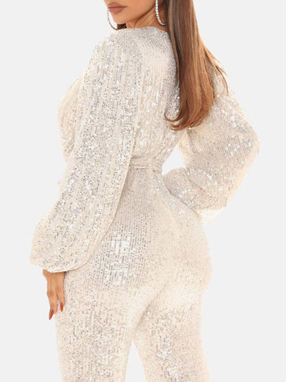 Women's Sequin Long Sleeve V Neck Jumpsuit