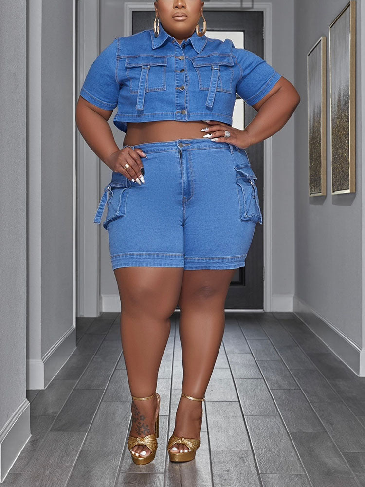 Denim Crop Top Short Set