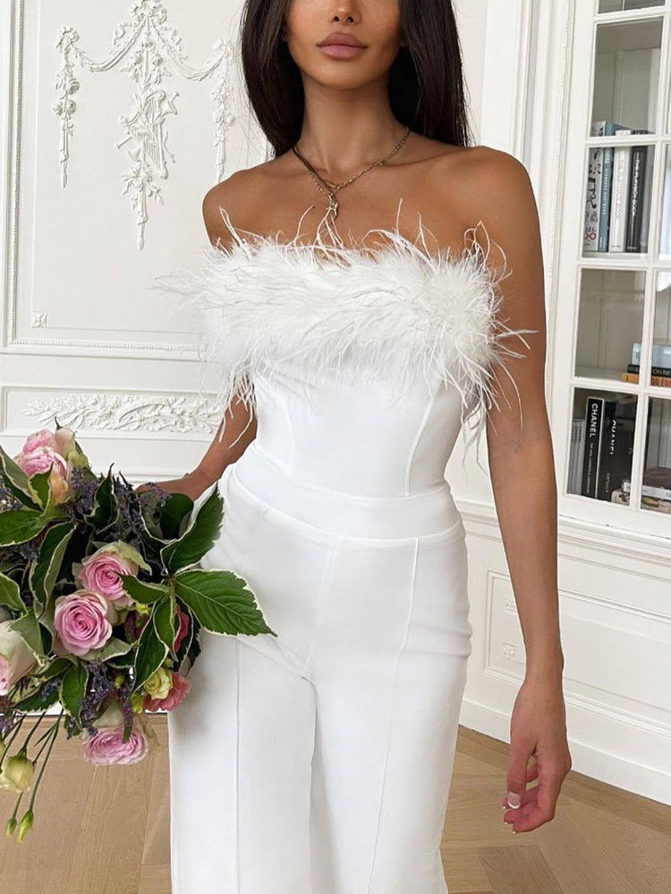 Women's Strapless Feather Wide Leg Jumpsuit