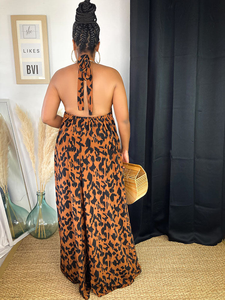 Leopard Halter Backless Jumpsuit