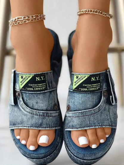 Letter Label Platform Denim Slides