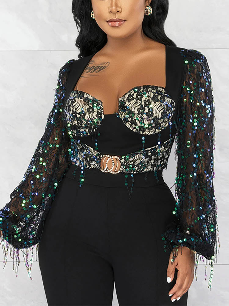 Women's Lace Iridescent Sequins Fringe Jumpsuit