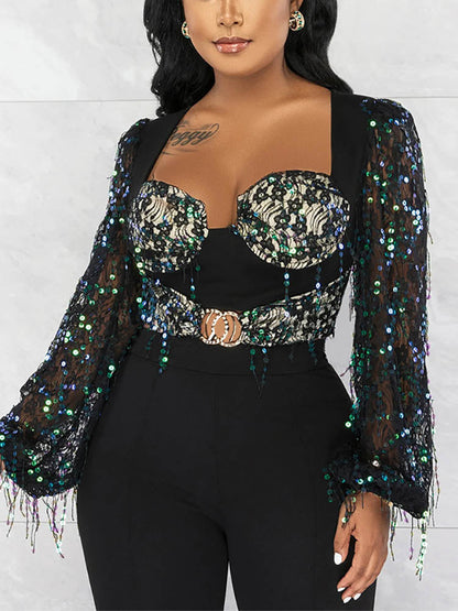 Women's Lace Iridescent Sequins Fringe Jumpsuit