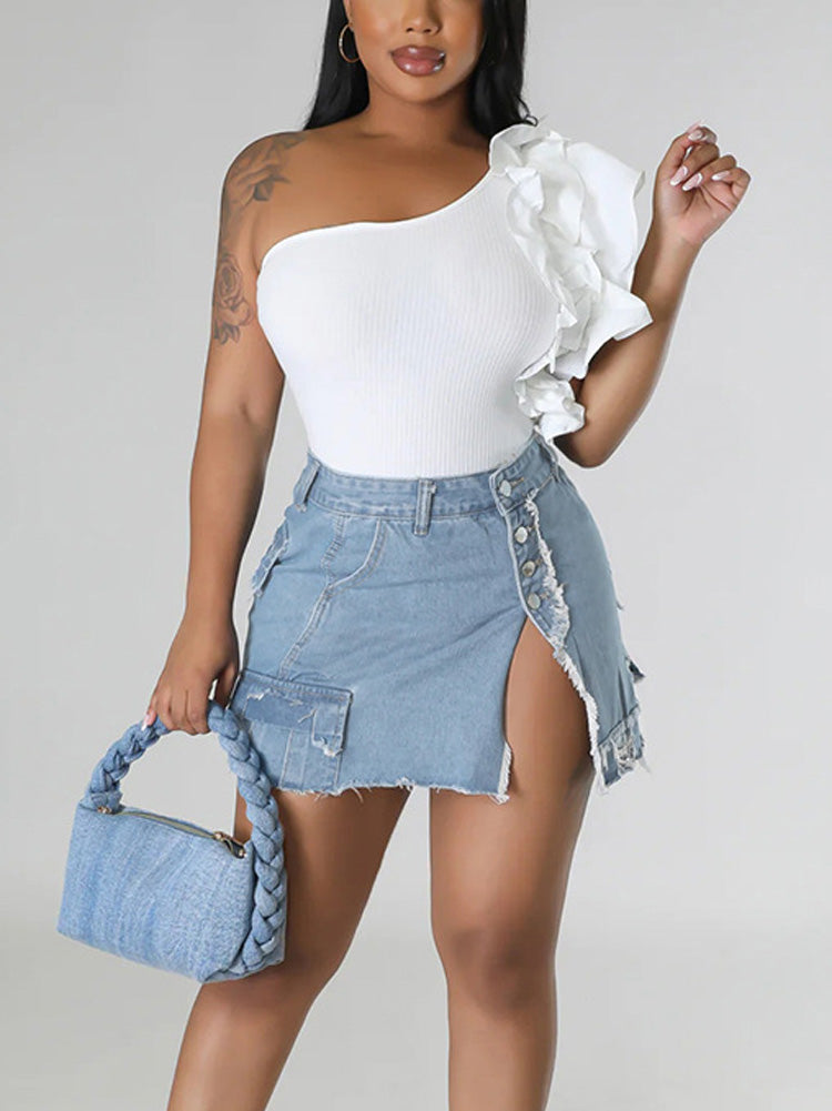 Denim Pockets Slit Skirt