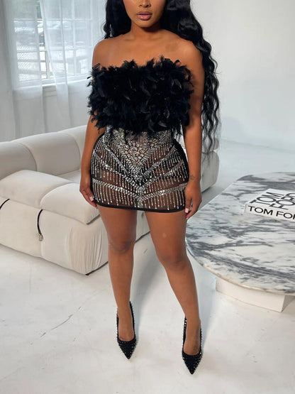 Women's Rhinestone Feather Mesh Dress