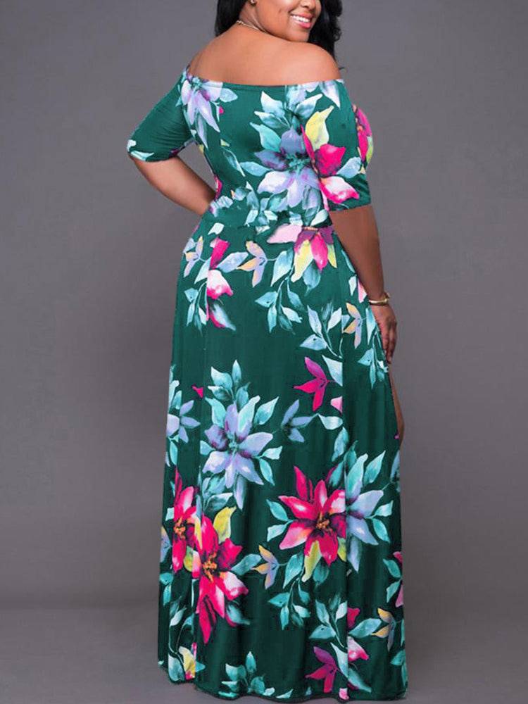 Women's Floral Print Cold Shoulder Slit Dress