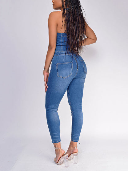 Denim Halter Sleeveless Skinny Jumpsuit