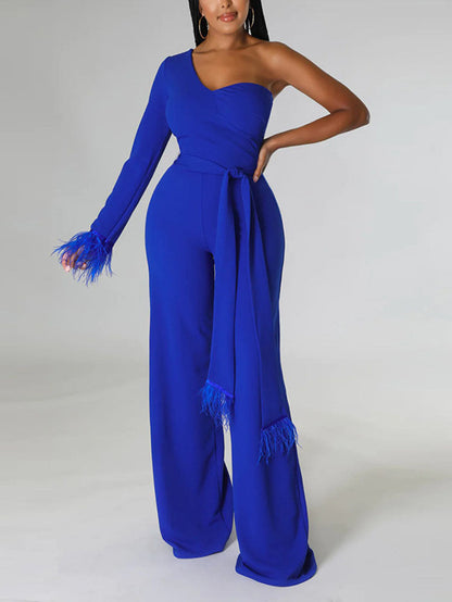 Women's One shoulder Feather Decor Jumpsuit