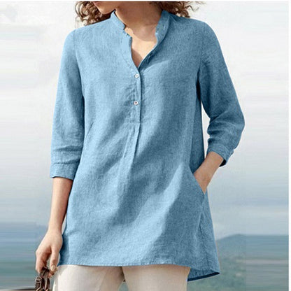 Three-Quarter Sleeve Stand Collar Cotton and Linen Shirt