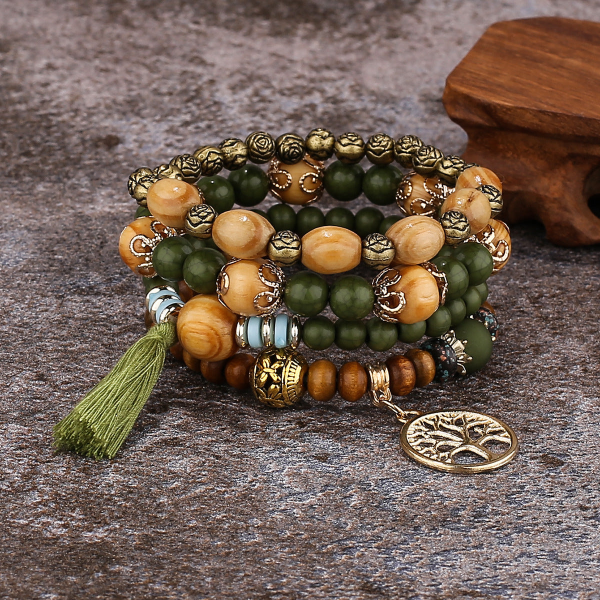 Multi-Layer Wooden Bead Beaded Bracelet Elastic Bracelet