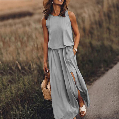 Summer New round Neck Sleeveless Split Dress