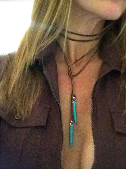 Western Turquoise Pendant Leather Necklace