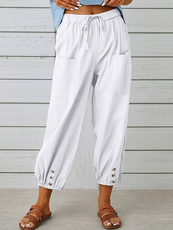 Women's Solid Color Casual With Pocket Buttons Cotton Linen Trousers