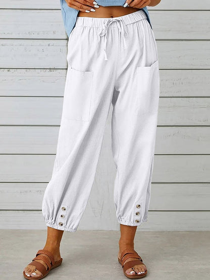 Women's Solid Color Casual With Pocket Buttons Cotton Linen Trousers