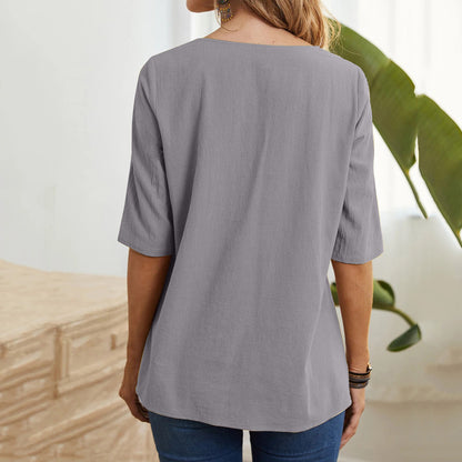 Women's Round Neck Slim-Fit Half Sleeve Cotton Linen T-shirt Top