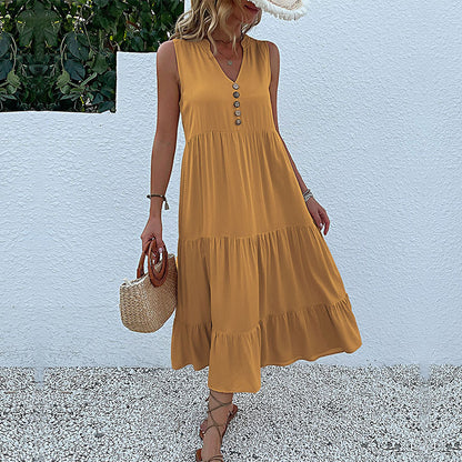 Women's Sleeveless Draped Dress Loose V-neck Mid-Length Dress