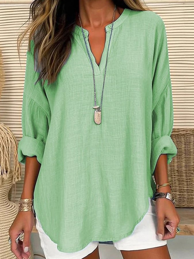 Women's Cotton Long Sleeve Round Neck Solid Color Loose Beach Shirt