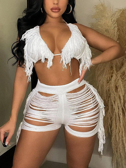 Knitted Fringe Bikini Shorts Set