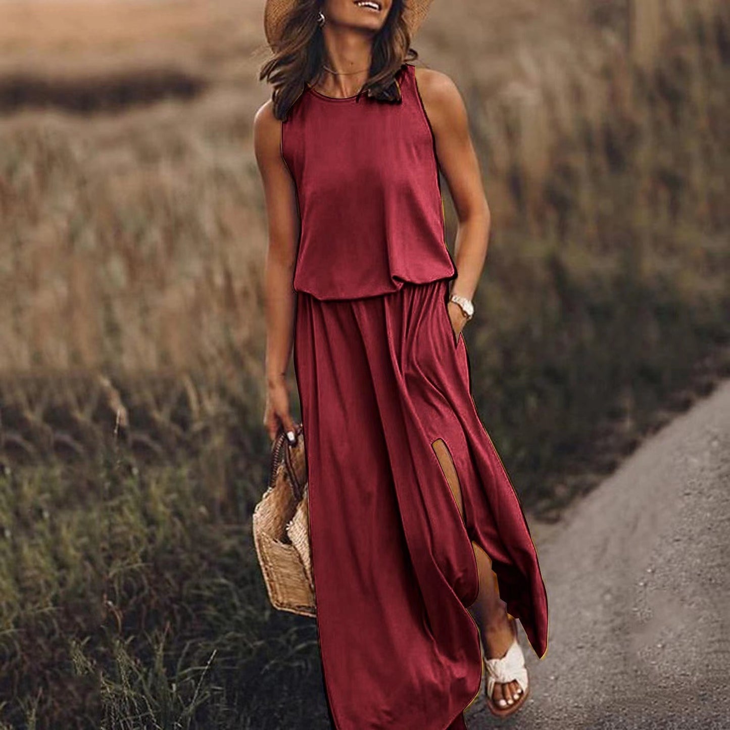 Summer New round Neck Sleeveless Split Dress