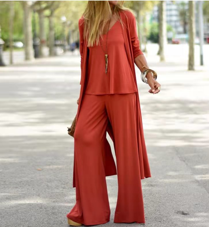 Loose Three-Piece Set V-neck Strap Straight-Leg Trousers Long Cardigan