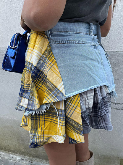 Denim Patchwork Plaid Irregular Skirt