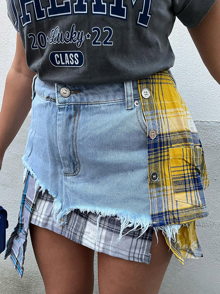 Denim Patchwork Plaid Irregular Skirt