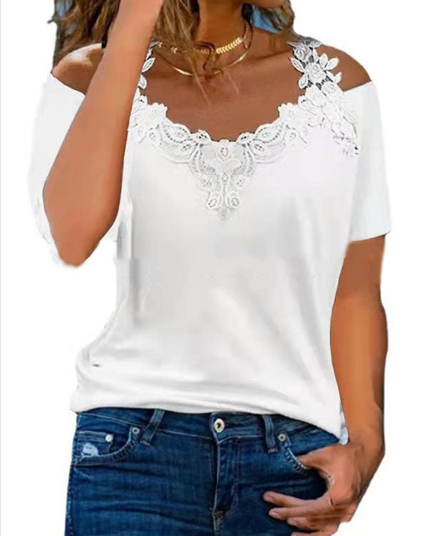 Lace V-neck Off-the-shoulder Short-sleeved Casual Top