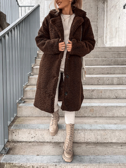 Solid Lapel Teddy Fur Long Coat