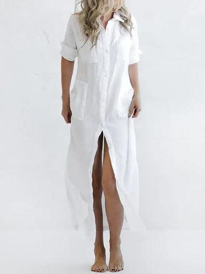 Casual lapel pocket solid color split shirt dress