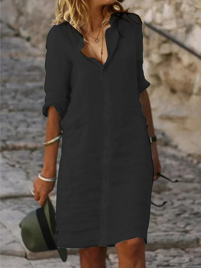 Loose Lapels Button Half Sleeve Solid Color Cotton and Linen Shirt Dress