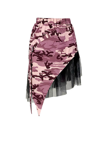 Camouflage Mesh Patchwork Irregular Skirt