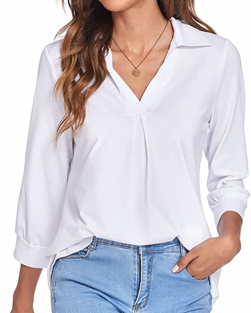 V-neck Top Solid Color Loose-Fitting Large Size Shirt