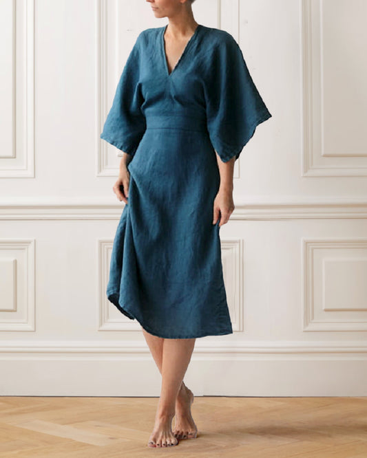 Elegant Ink Blue Linen Dress