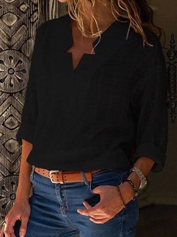 V-neck long sleeve solid color shirt