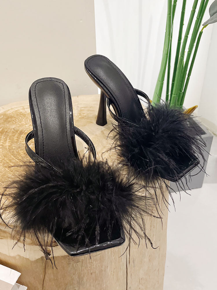 Feather Fur High Heel Mules