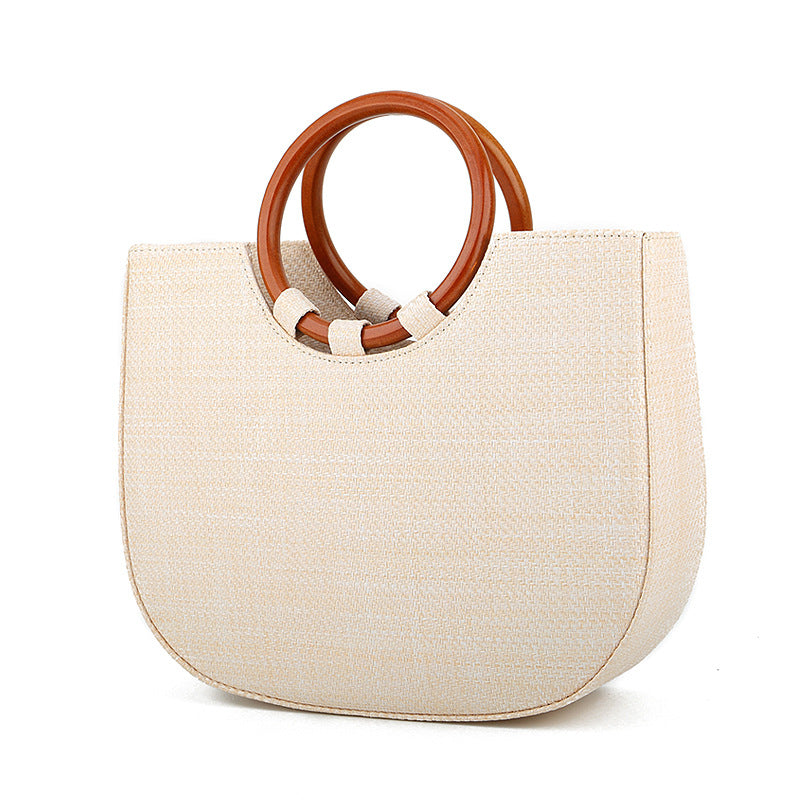 Women's Wooden Handle Handbag Straw Shoulder Bag for Women