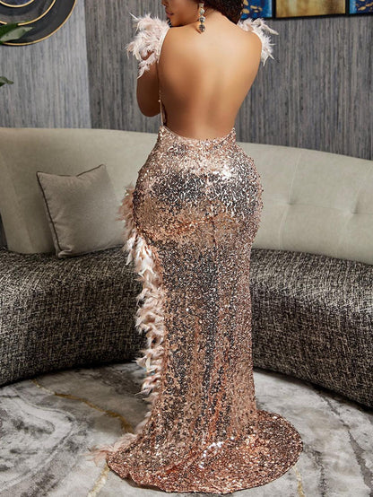 Women's Sequin Feather Slit Party Dress