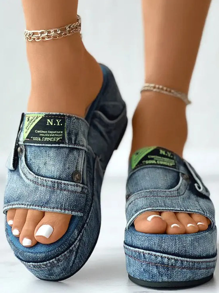 Letter Label Platform Denim Slides